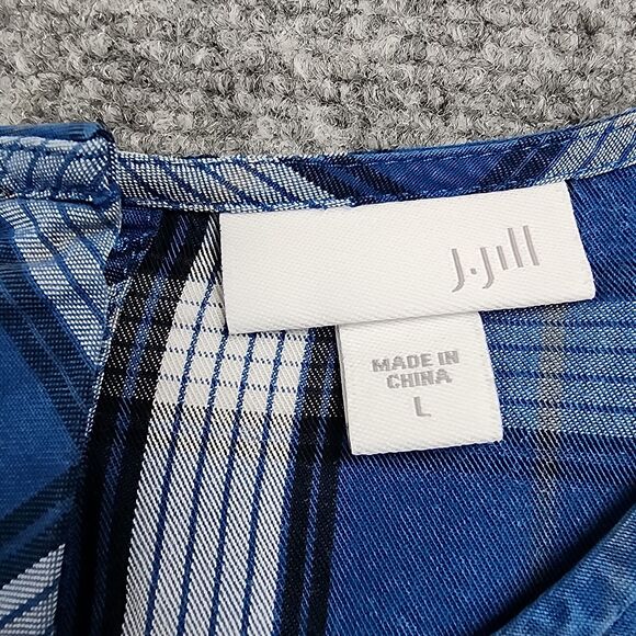 J Jill Top Women Large Blue Plaid 3/4 Sleeve Tunic Slit Back Button Shirt Blouse - Picture 2 of 14